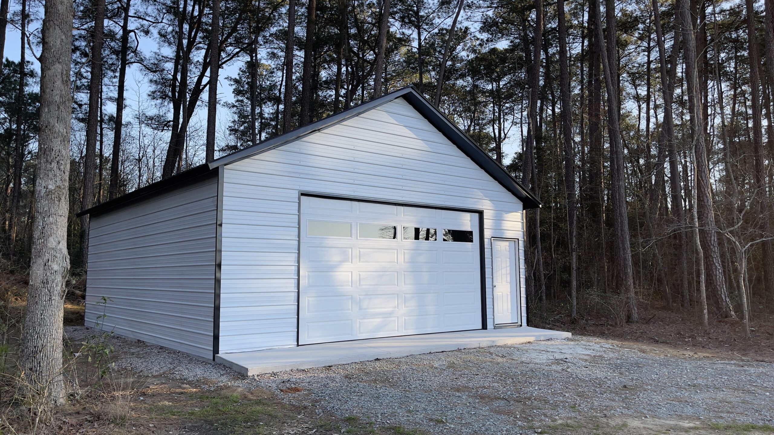 A metal garage building