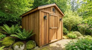 A custom-built wooden storage shed nestled amongst lush greenery, showcasing its robust construction and personalized design