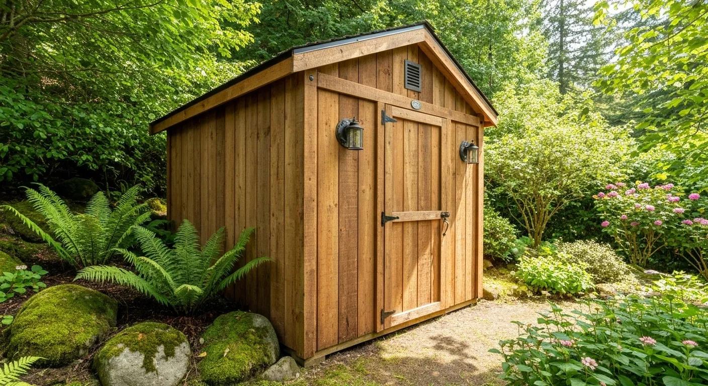A custom-built wooden storage shed nestled amongst lush greenery, showcasing its robust construction and personalized design