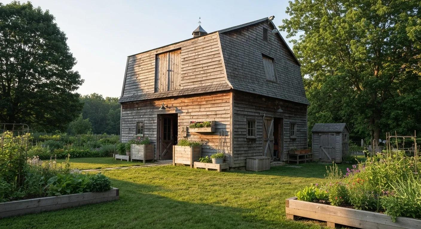 Wooden lofted barn with gambrel roof in a garden setting, showcasing outdoor storage solutions