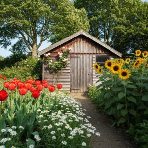 Diverse storage sheds in a beautiful backyard setting, showcasing different materials and styles