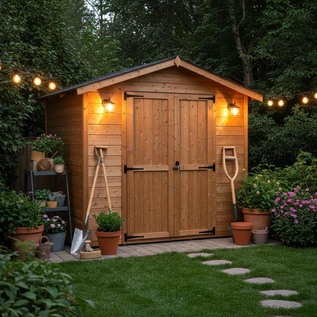 Beautiful wooden storage shed in a lush backyard, showcasing organization and outdoor living