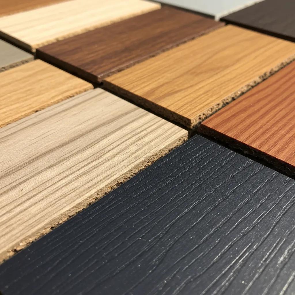 Close-up of various shed materials including wood, metal, resin, and vinyl, showcasing their textures and colors