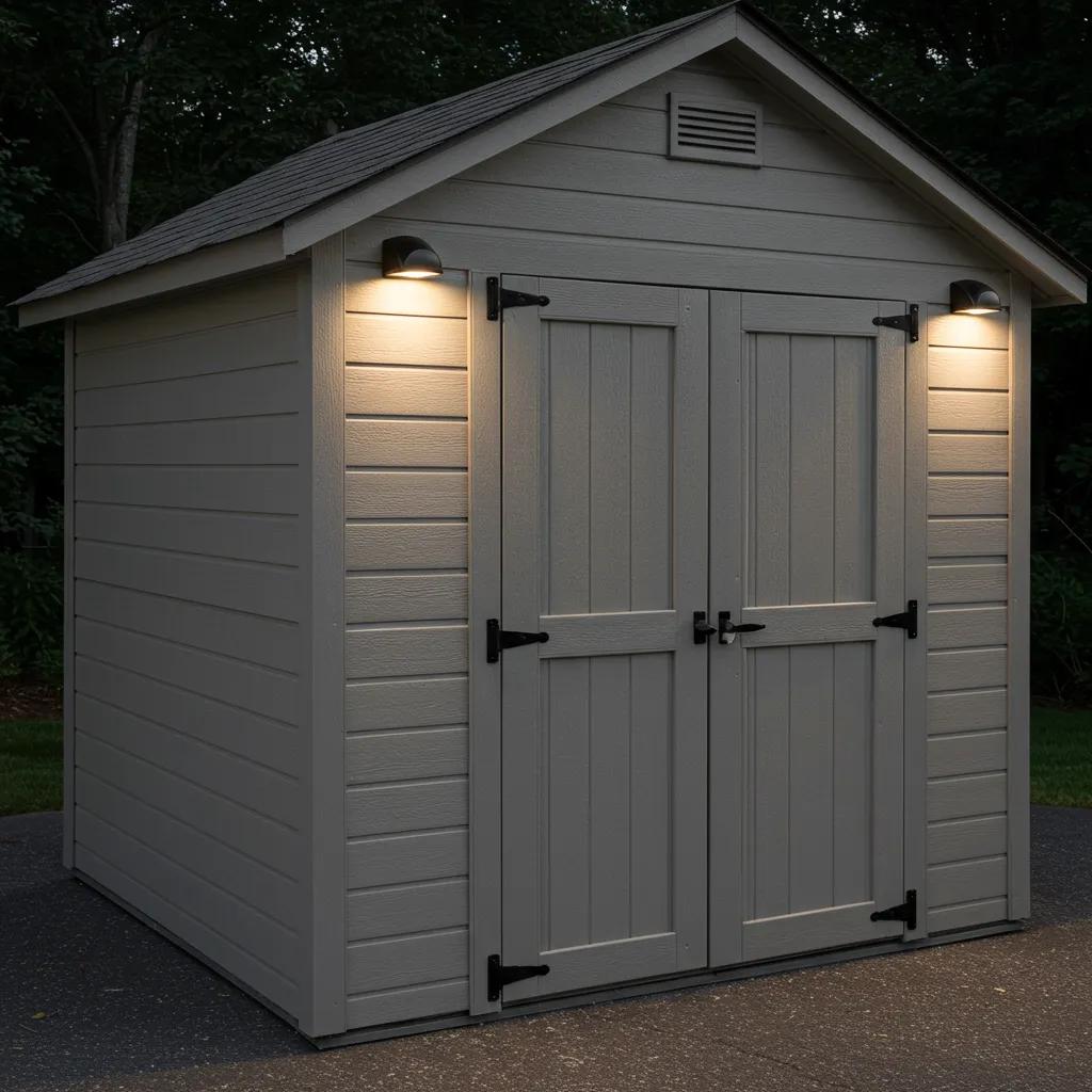 Secure storage shed featuring heavy-duty locks, reinforced frames, and motion-activated lights for enhanced security